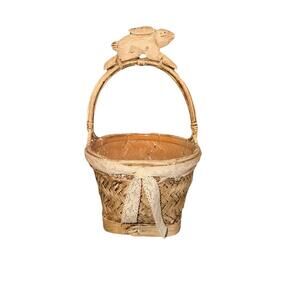 Vintage rustic Wicker Basket with carved wooden bunny Handle Very Unique